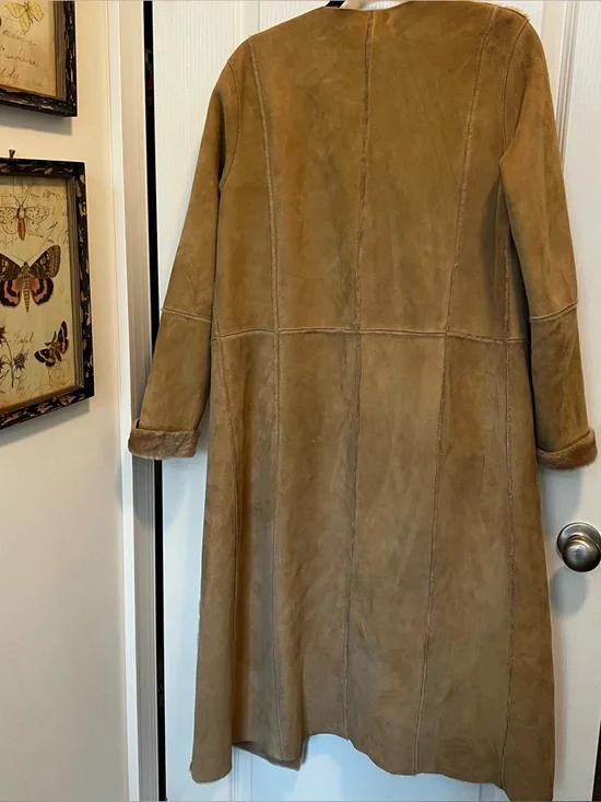 Vintage Tan genuine suede shearling duster long jacket size medium Coat Camel - Picture 4 of 13